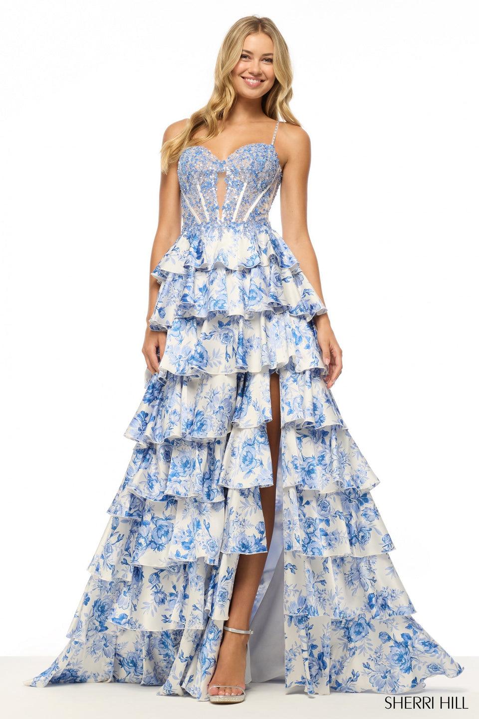 sherri hill Floral A-line gown with lace corset bodice and a satin ruffle skirt with slit