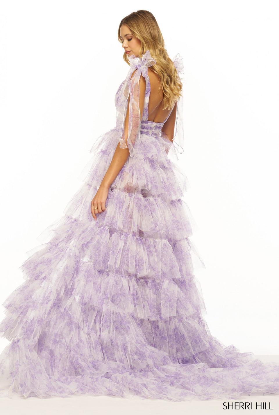 Sherri Hill Floral A-line Gown With Ruffle Skirt And Slit