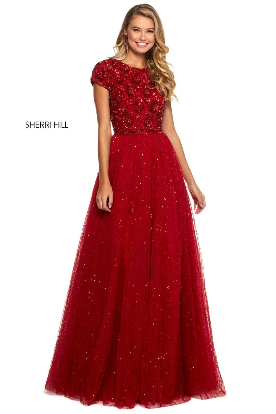 sherri hill Floral beaded and sequin bodice with cap sleeves high neckline and keyhole back with sequin tulle A-line skirt