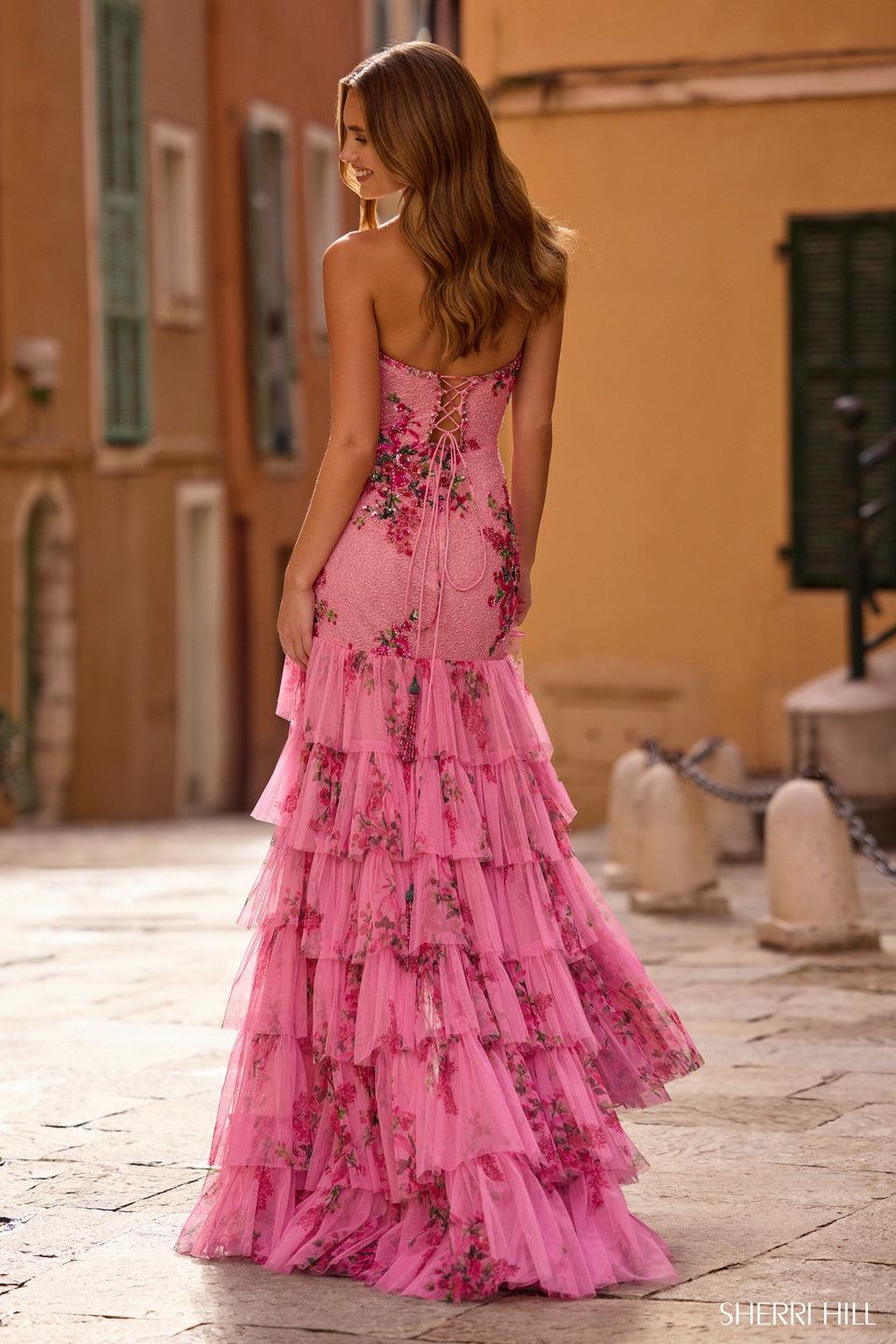 Sherri Hill Floral Beaded Strapless Gown With Tulle Ruffle Skirt Slit