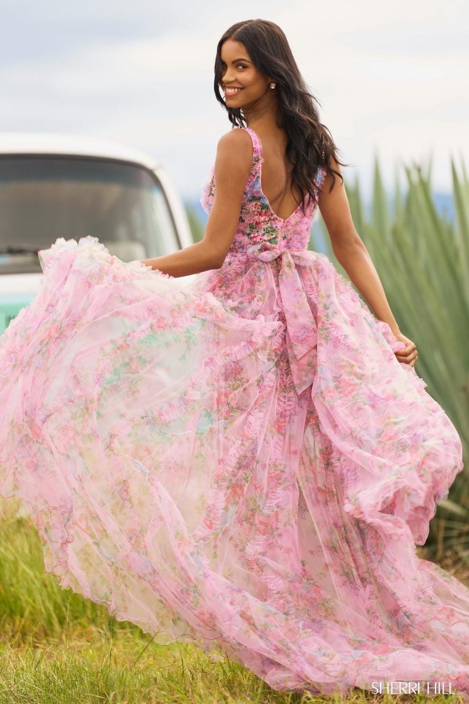Sherri Hill Floral Bodysuit With Beaded And Ruffle Embellishments And A Tulle Ruffled Embellished Overskirt