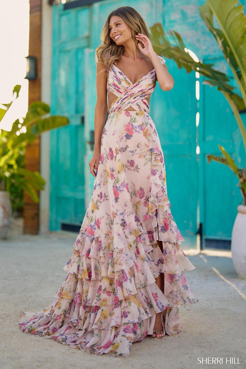 Sherri Hill Floral Chiffon Gown With Side Cut Bodice And Ruffle Skirt Slit