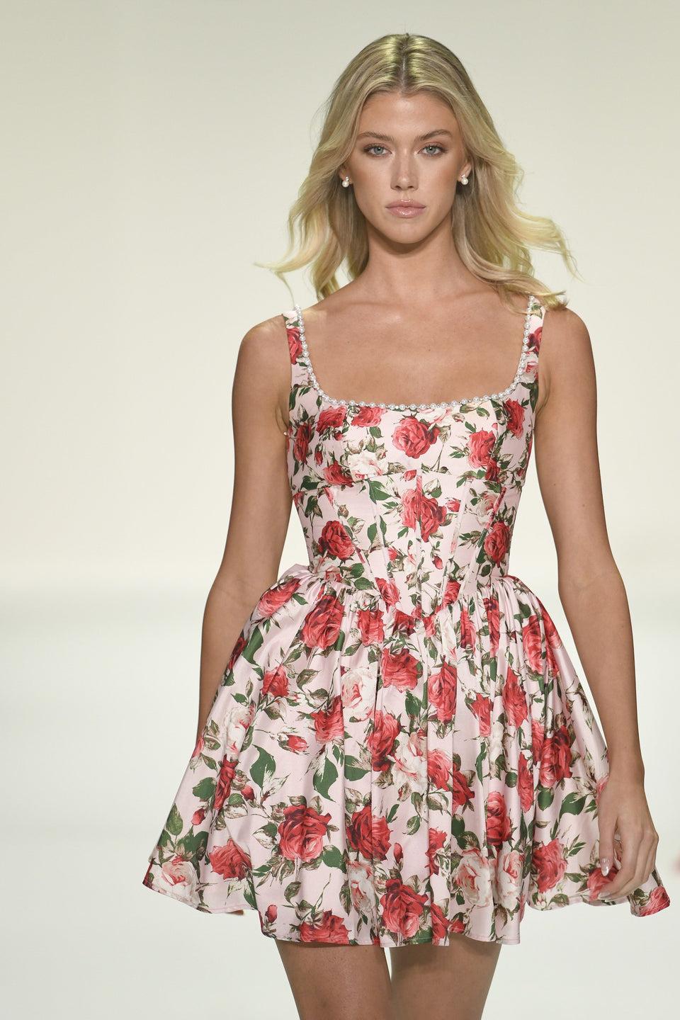 sherri hill Floral cocktail gown with corset bodice and pearl embellishments