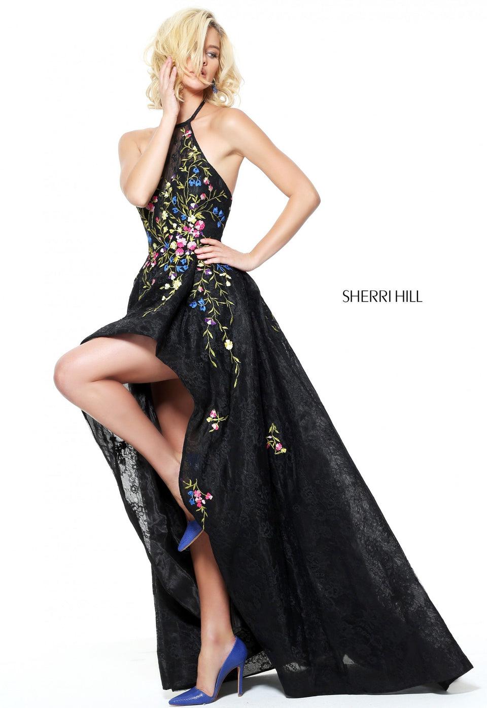 Sherri Hill Floral Embroidered High Neck Halter High Low