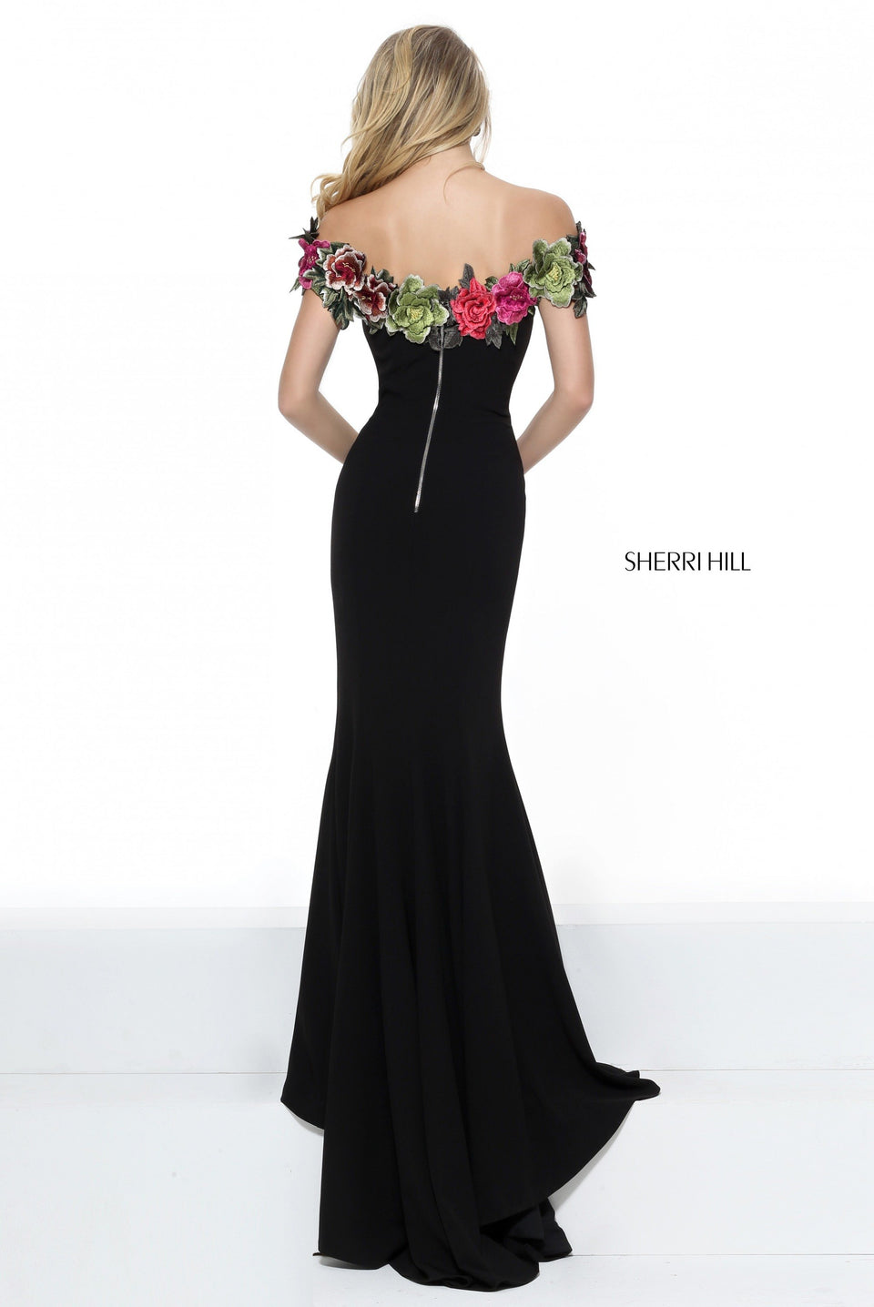 Sherri Hill Floral Embroidery Trim Off-the-shoulder Bodice With Skirt Slit