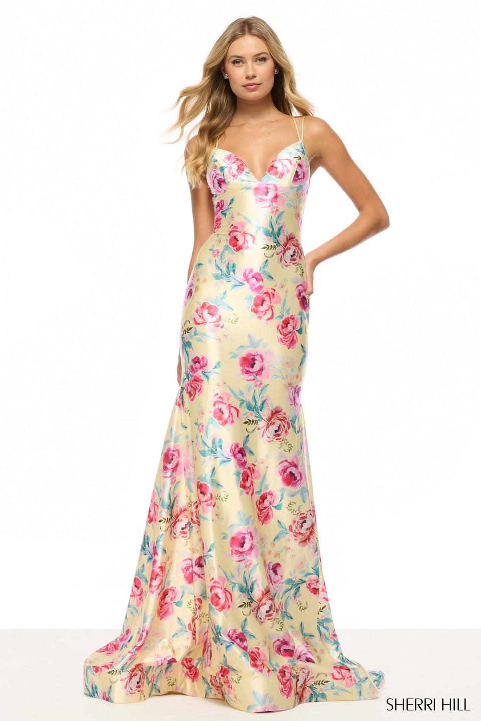 Sherri Hill Floral Fitted Gown With Deep V Neckline And A Lace Up Back