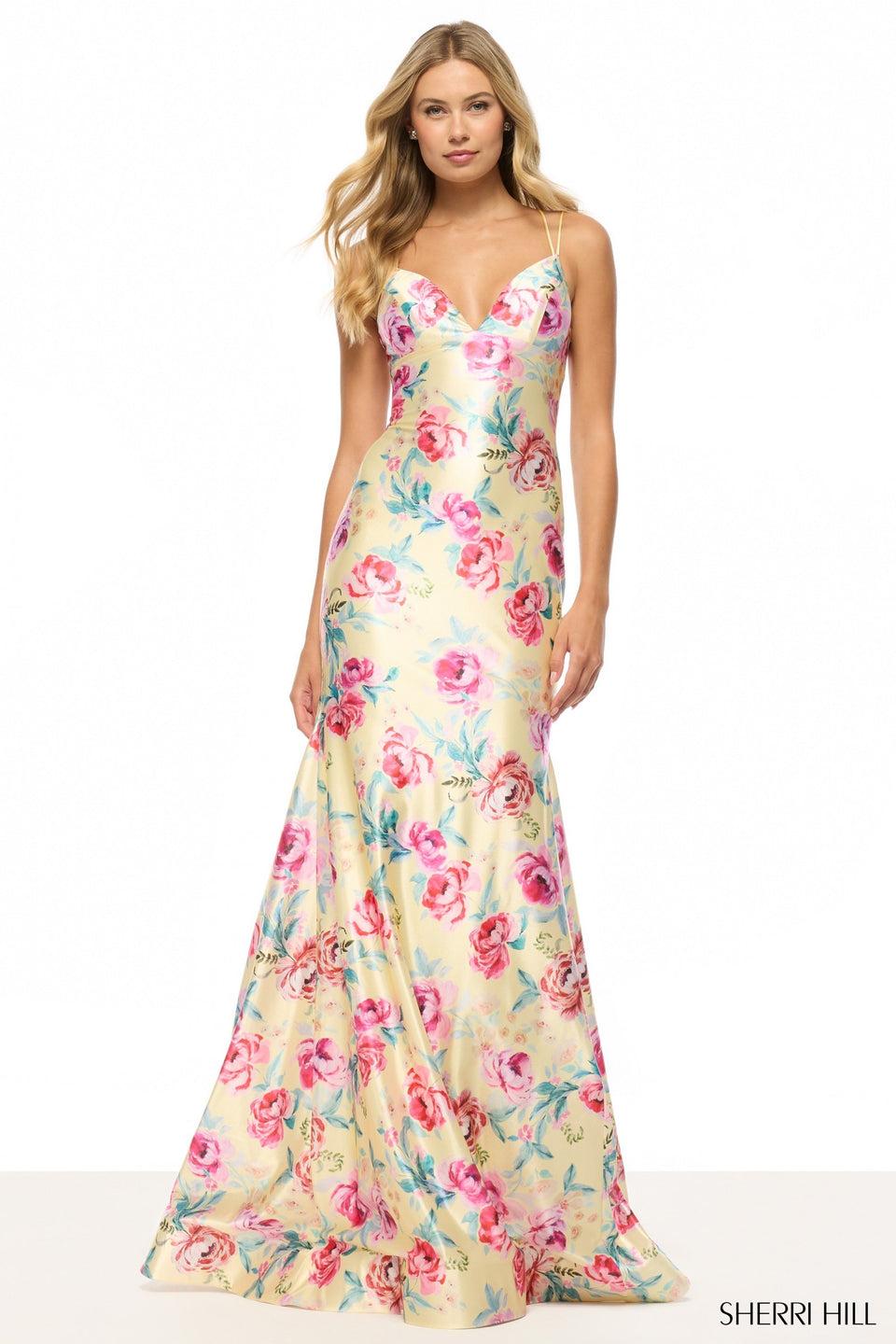 sherri hill Floral fitted gown with deep V neckline and a lace up back