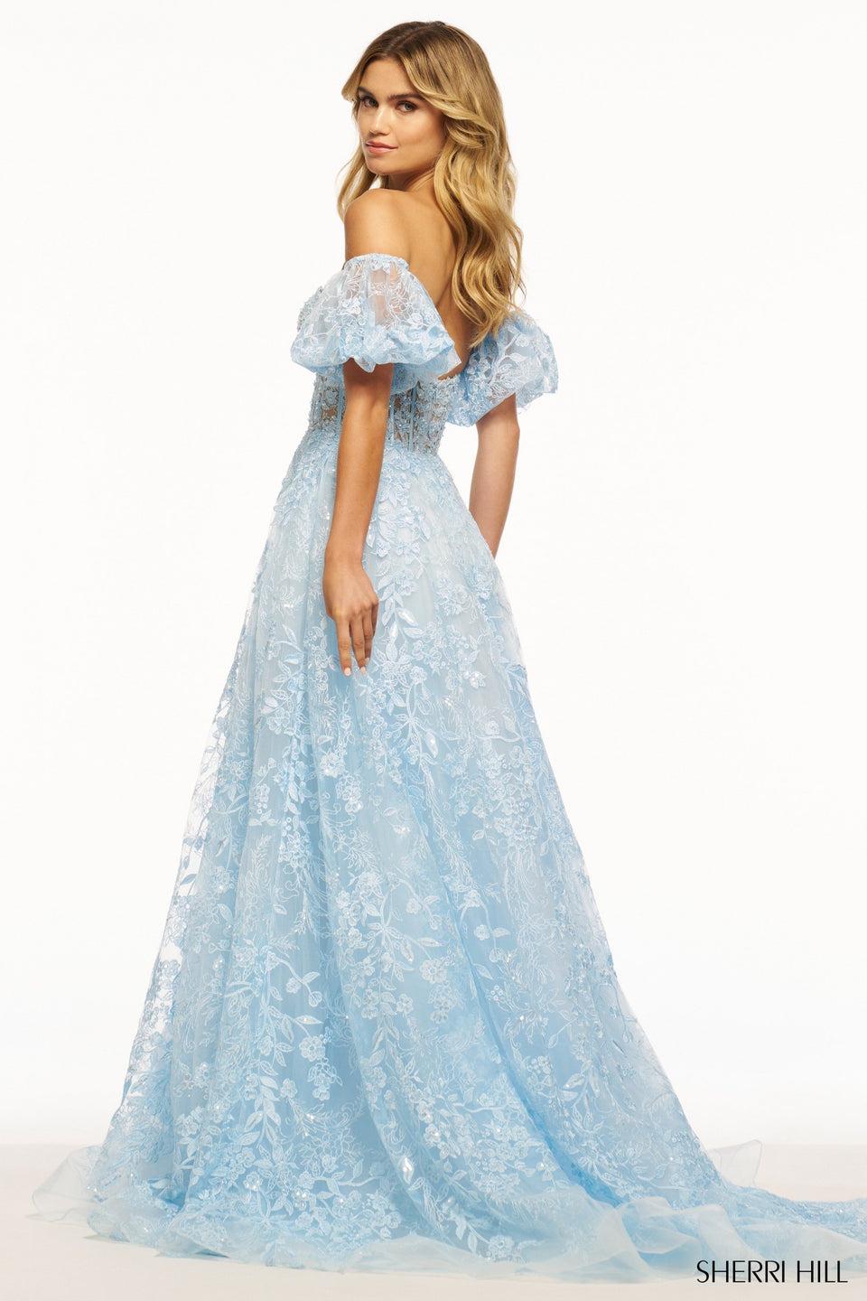 Sherri Hill Floral Leaf Lace Tulle A-Line Strapless Gown With Key Hole Bodice Sweetheart Neckline And Removable Balloon Sleeves