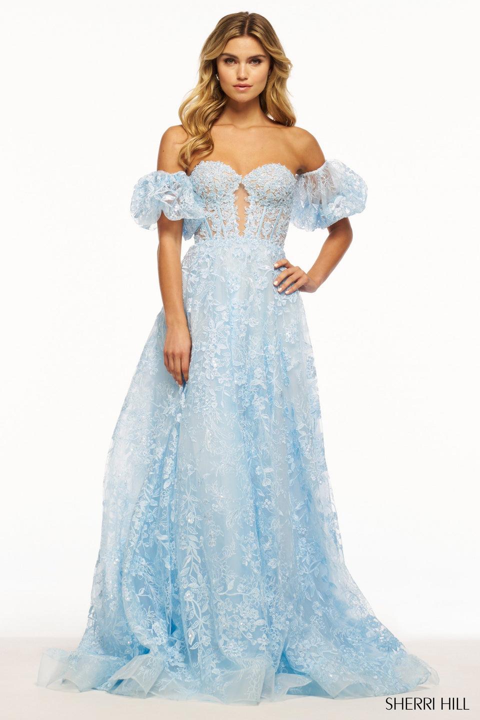 sherri hill Floral leaf lace tulle A-Line strapless gown with key hole bodice sweetheart neckline and removable balloon sleeves