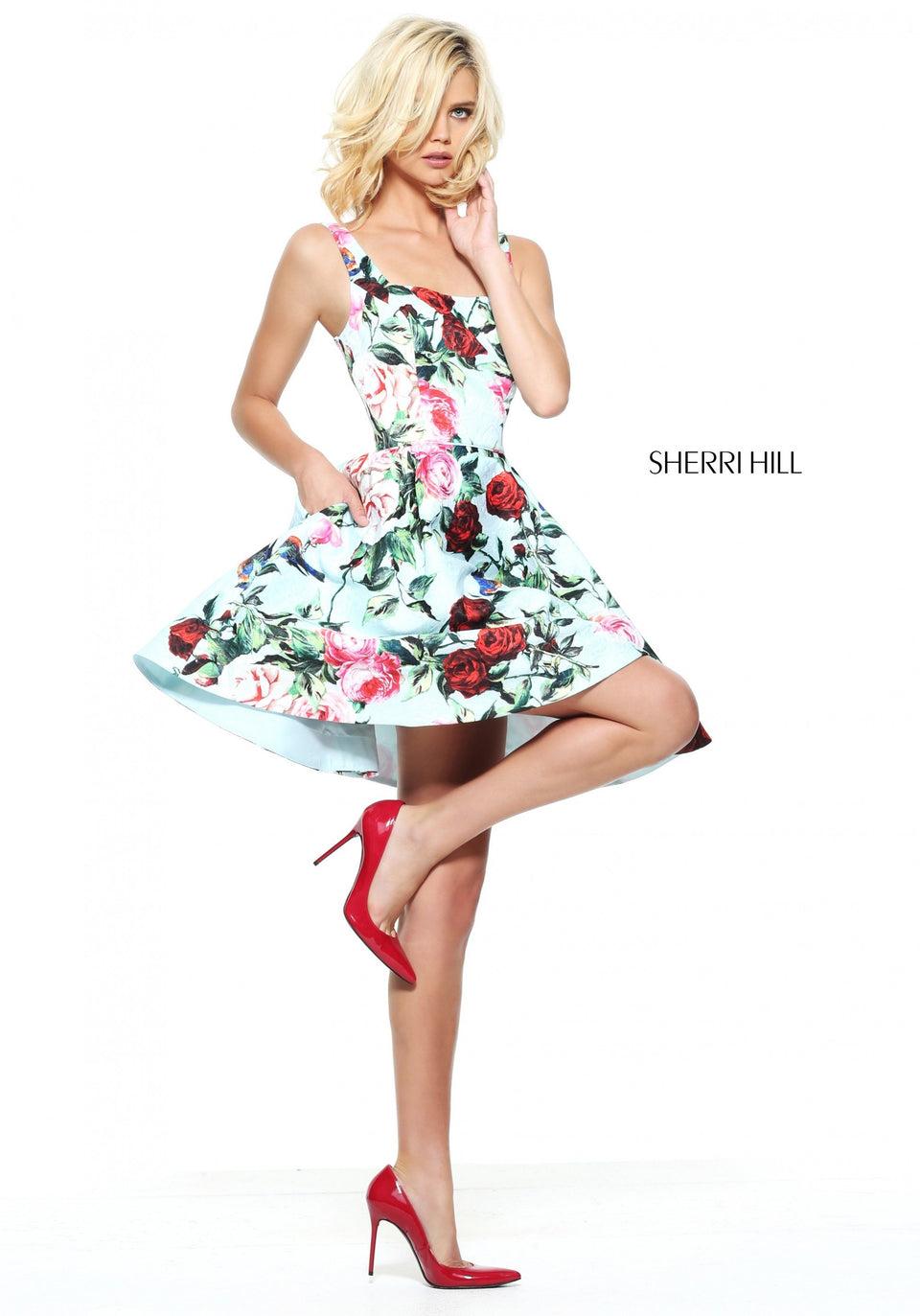 Sherri Hill Floral Print A-line Cocktail Dress With A Square Neckline