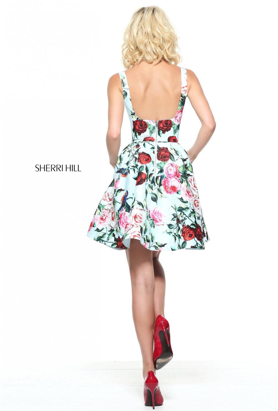Sherri Hill Floral Print A-line Cocktail Dress With A Square Neckline