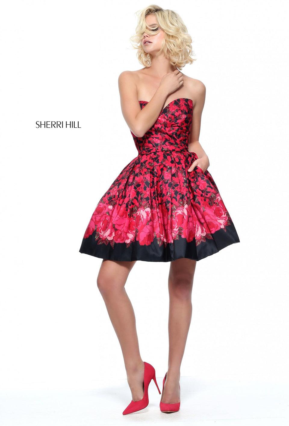 Sherri Hill Floral Print A-line Cocktail Dress With Strapless Sweetheart Neckline