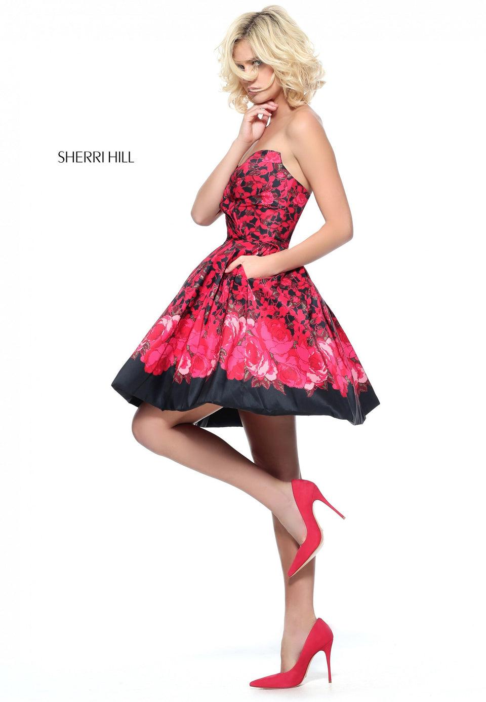 sherri hill Floral print A-line cocktail dress with strapless sweetheart neckline