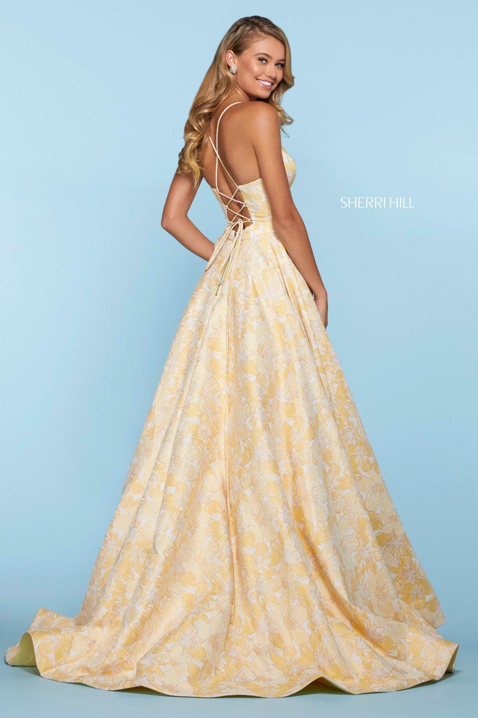 Sherri Hill Floral Print A-line Dress With V Sweetheart Neckline And Lace Up Back