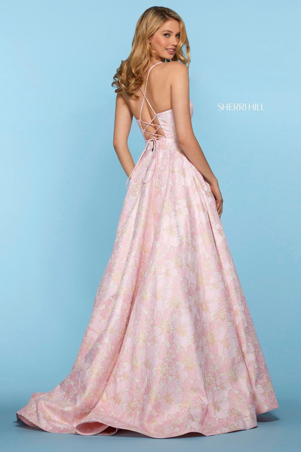 Sherri Hill Floral Print A-line Dress With V Sweetheart Neckline And Lace Up Back