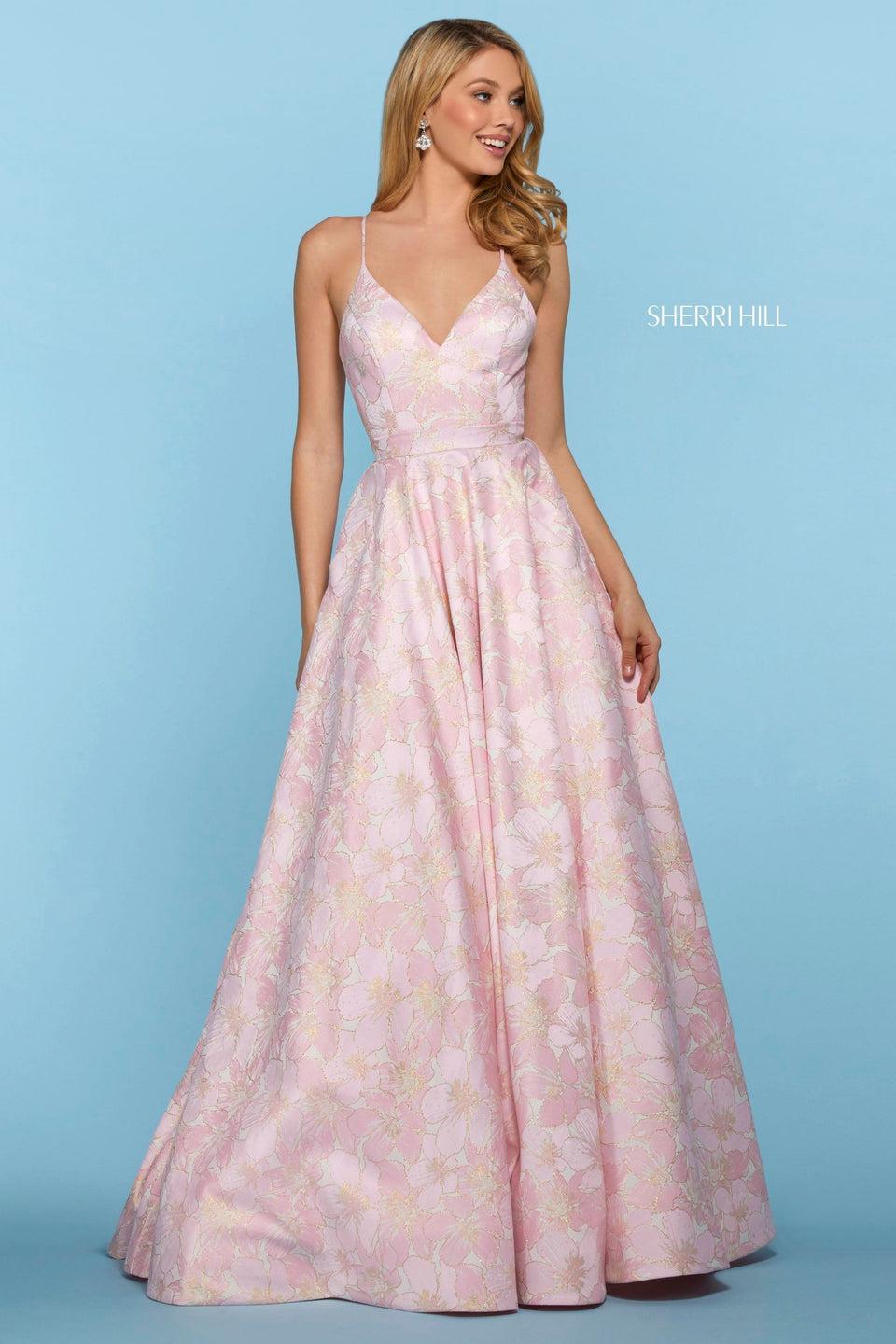 Sherri Hill Floral Print A-line Dress With V Sweetheart Neckline And Lace Up Back