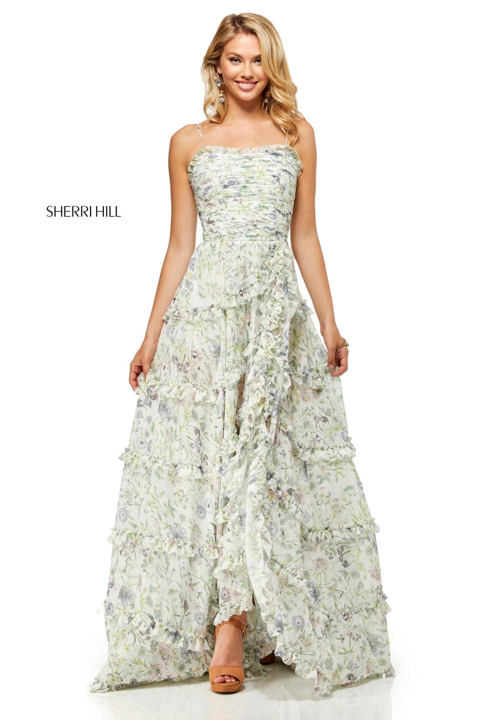 Sherri Hill Floral Print A-line With Ruffle Detailing And Ruched Spaghetti Strap Bodice With Lace Up Back