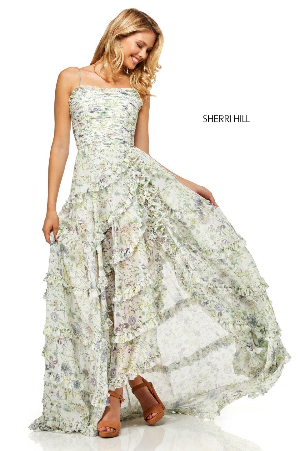 Sherri Hill Floral Print A-line With Ruffle Detailing And Ruched Spaghetti Strap Bodice With Lace Up Back