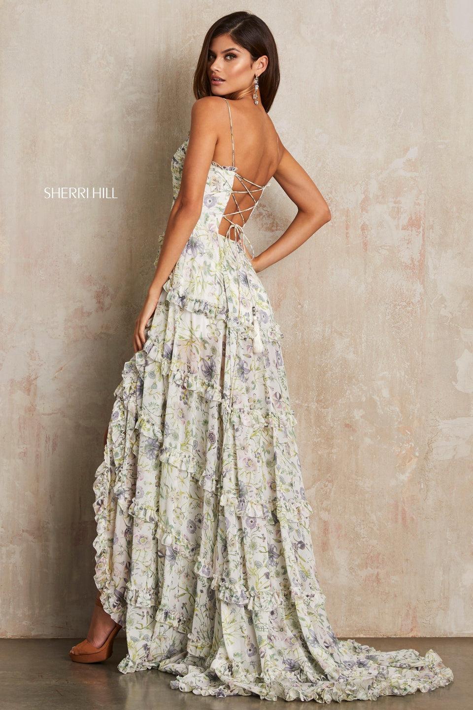 sherri hill Floral print A-line with ruffle detailing and ruched spaghetti strap bodice with lace up back
