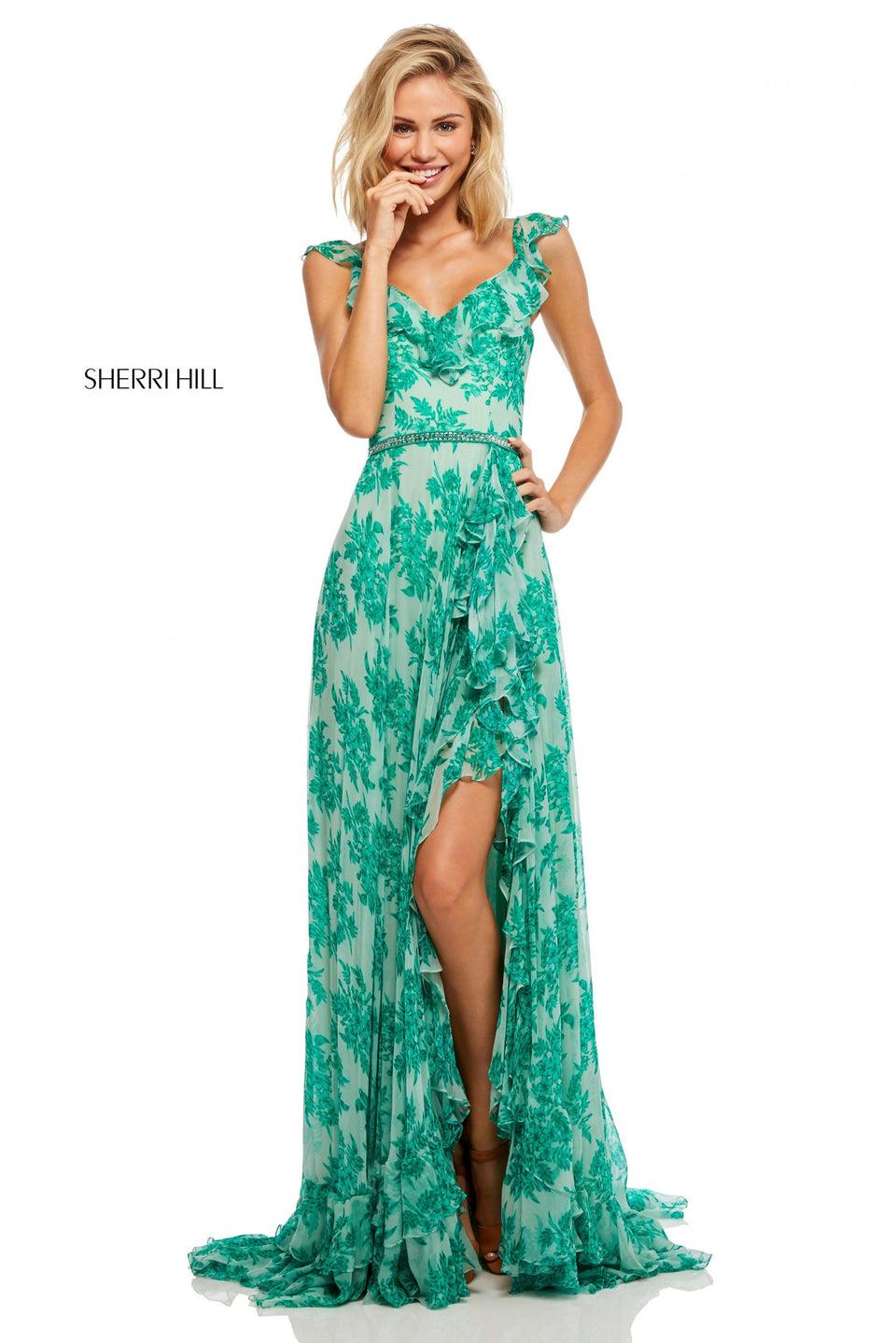 Sherri Hill Floral Print Chiffon Dress With Ruffled Hem And Neckline Jewel Encrusted Waistband And Lace Up Back