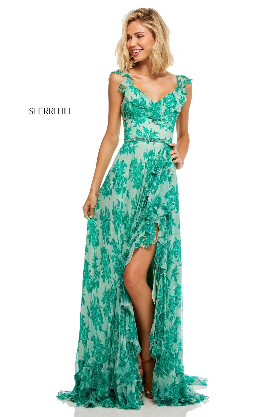 sherri hill Floral print chiffon dress with ruffled hem and neckline jewel encrusted waistband and lace up back