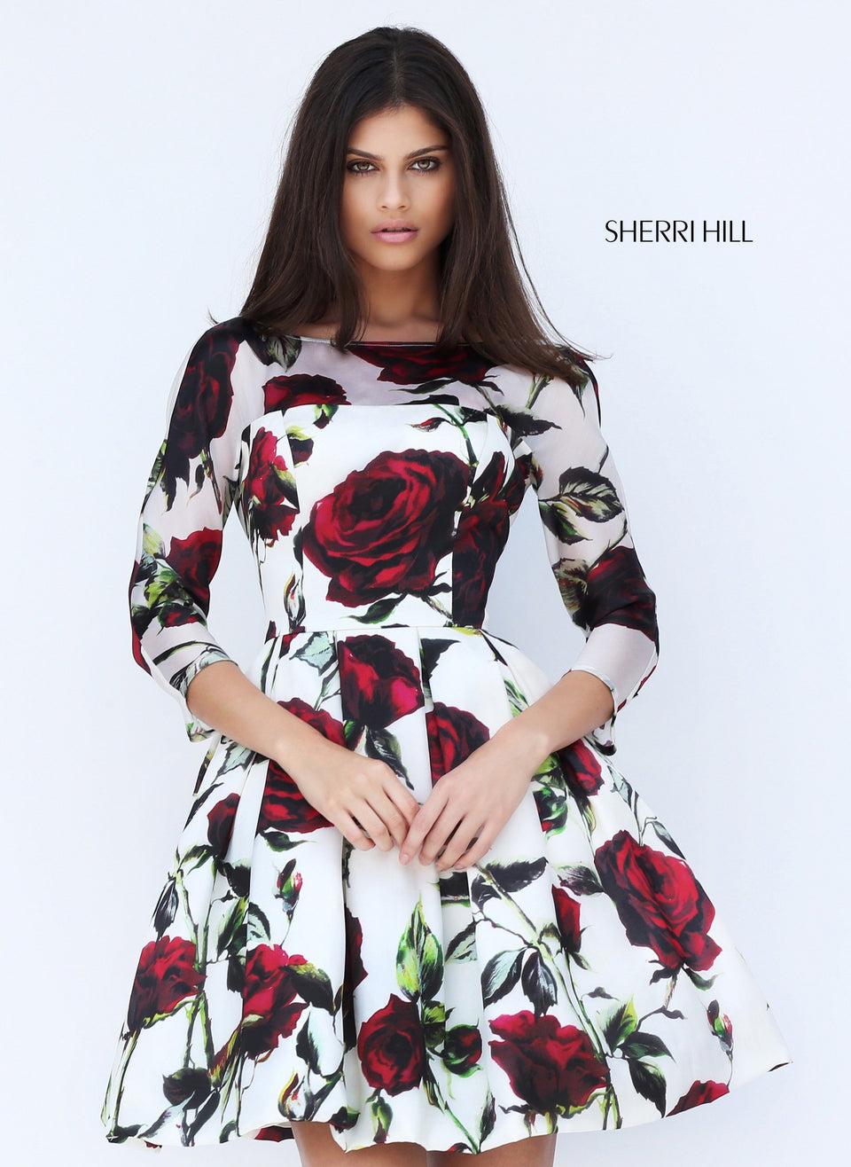 Sherri Hill Floral Print Cocktail With Three Quarter Sleeve