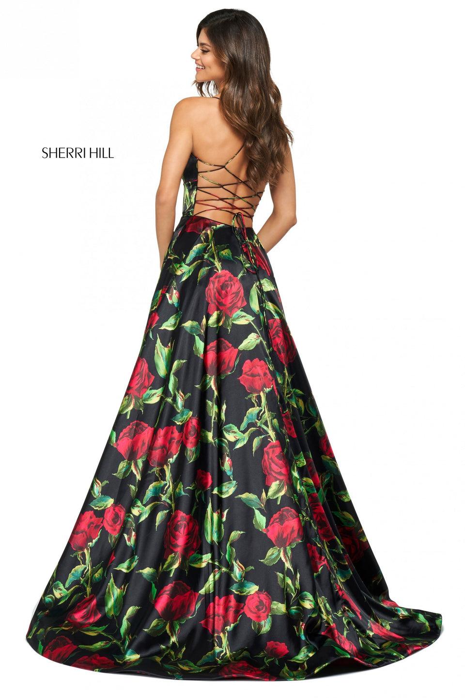 sherri hill Floral print satin A-line dress with V neckline and wide loop lace up back