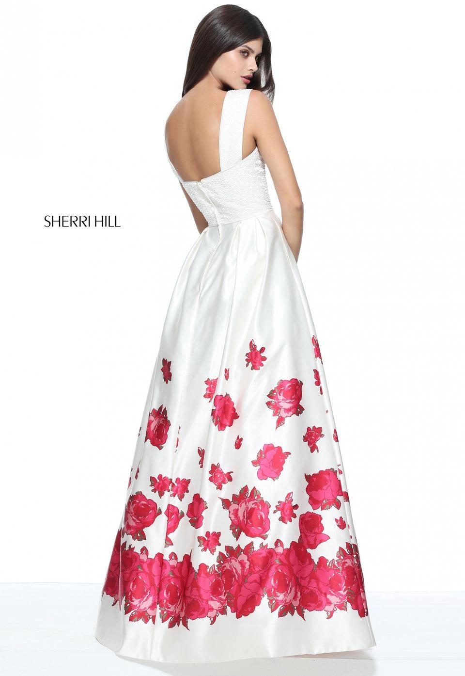 Sherri Hill Floral Print Satin A-line Gown With Deep V Neckline
