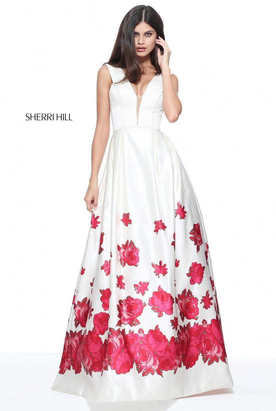 sherri hill Floral print satin A-line gown with deep V neckline