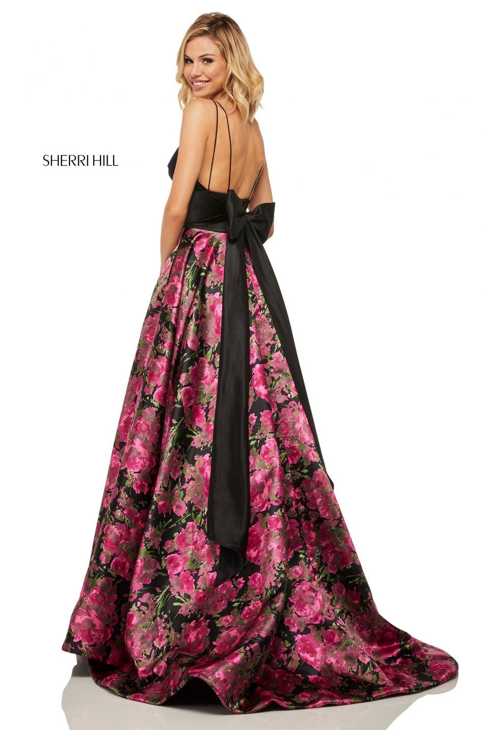 Sherri Hill Floral Print Satin A-line With A Pleated Bust Line Bodice Skirt Pockets And Bow In The Back