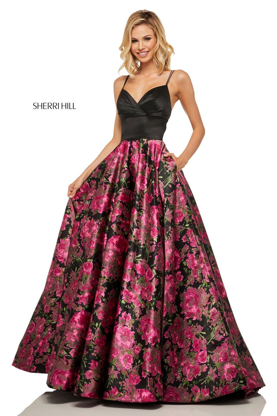 sherri hill Floral print satin A-line with a pleated bust line bodice skirt pockets and bow in the back