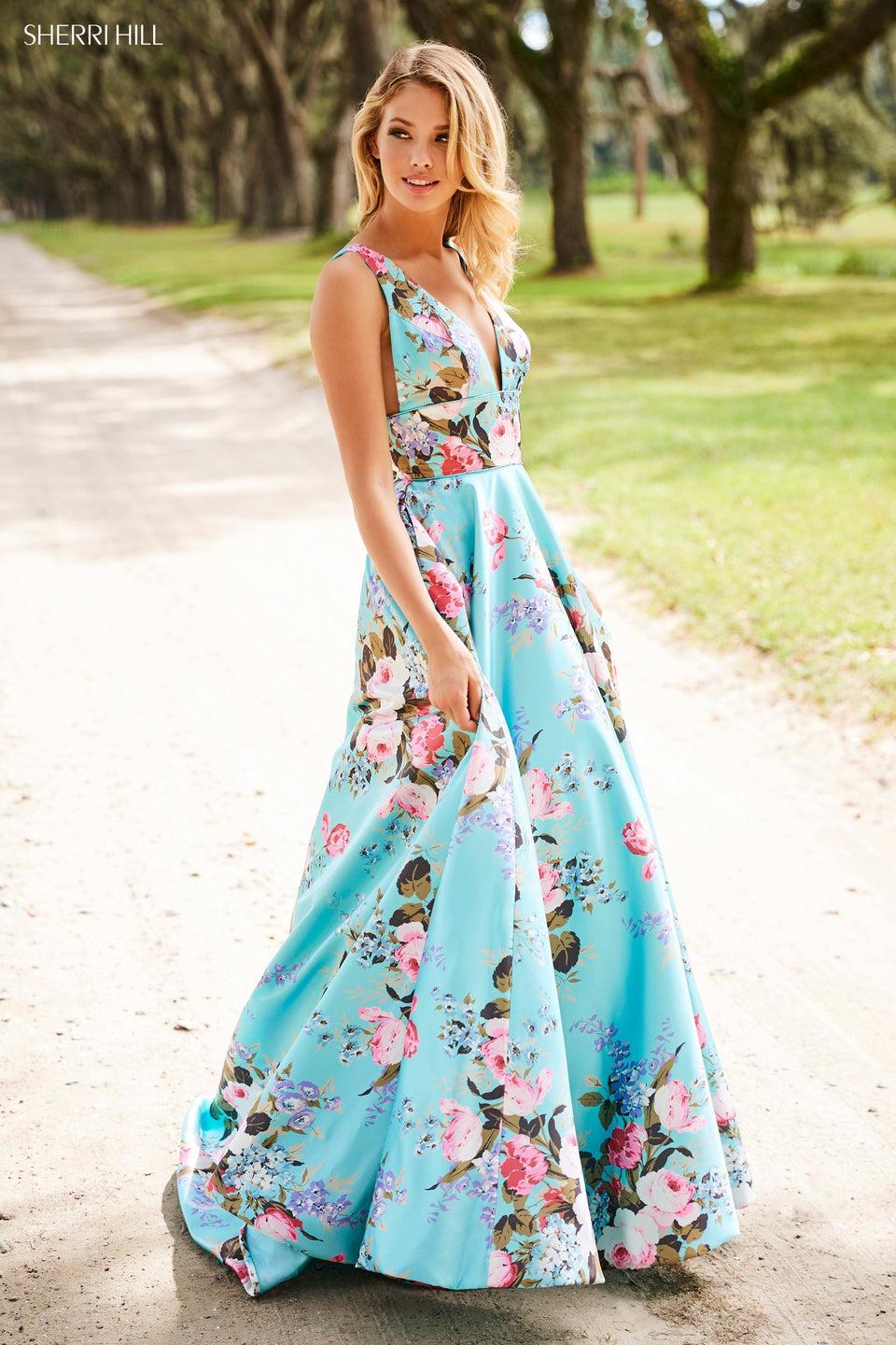 sherri hill Floral print satin A-line with plunging neckline