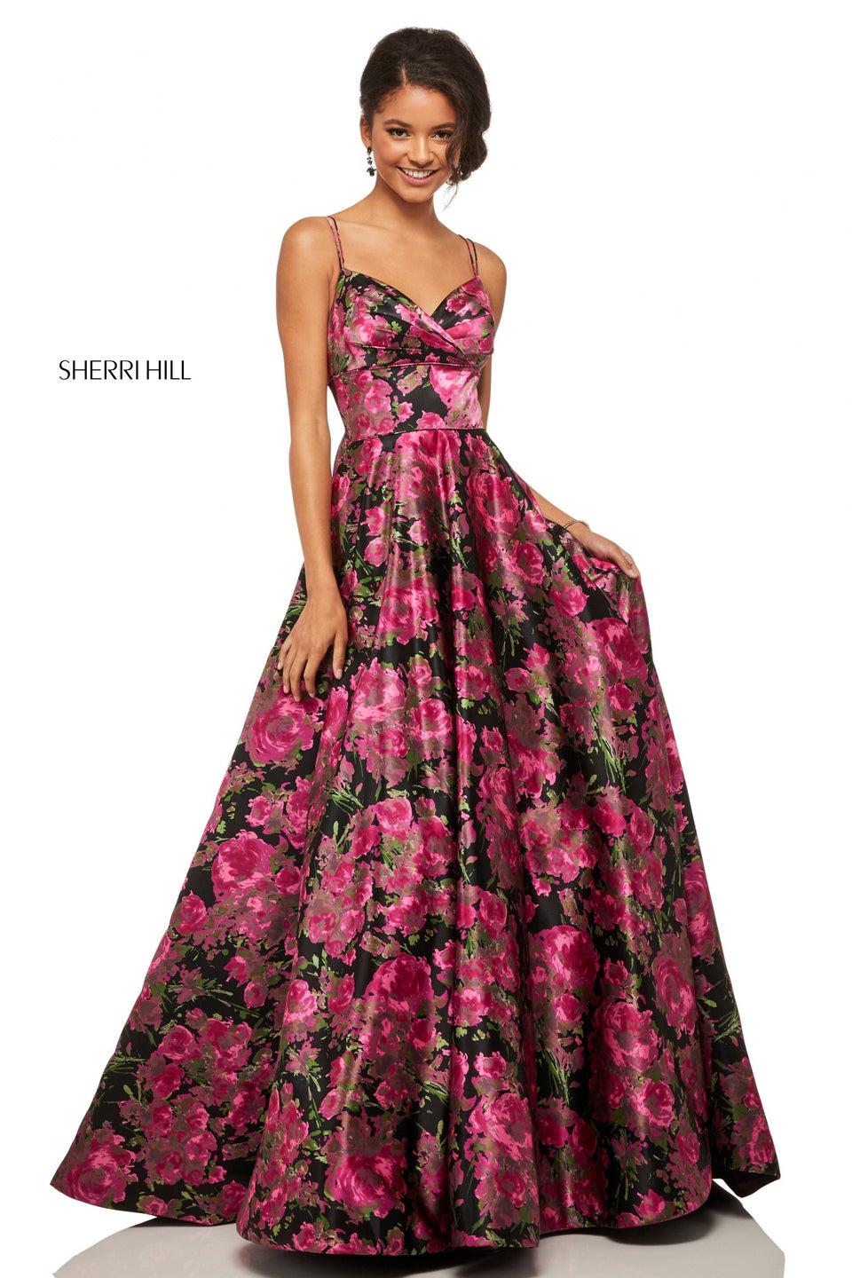Sherri Hill Floral Print Satin A-line With Spaghetti Strap Sweetheart Neckline And Bow At The Back Waist