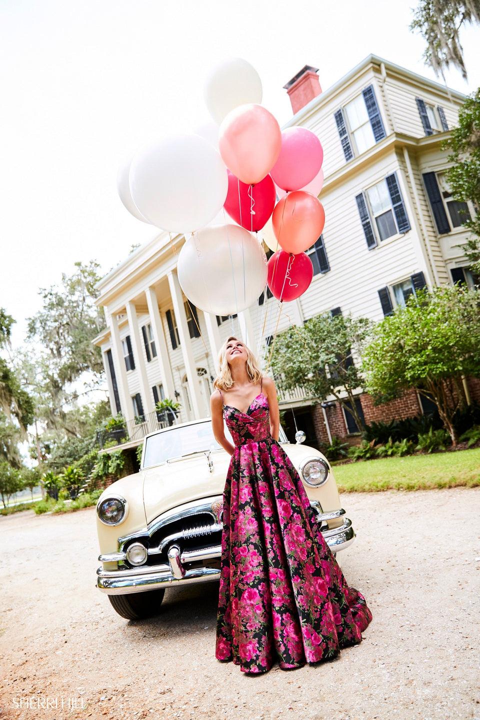Sherri Hill Floral Print Satin A-line With Spaghetti Strap Sweetheart Neckline And Bow At The Back Waist