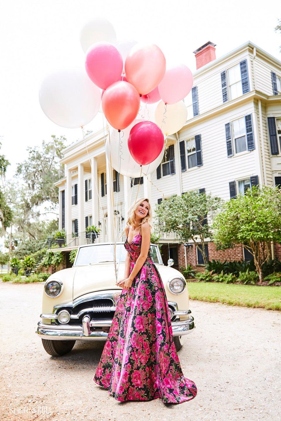 sherri hill Floral print satin A-line with spaghetti strap sweetheart neckline and bow at the back waist
