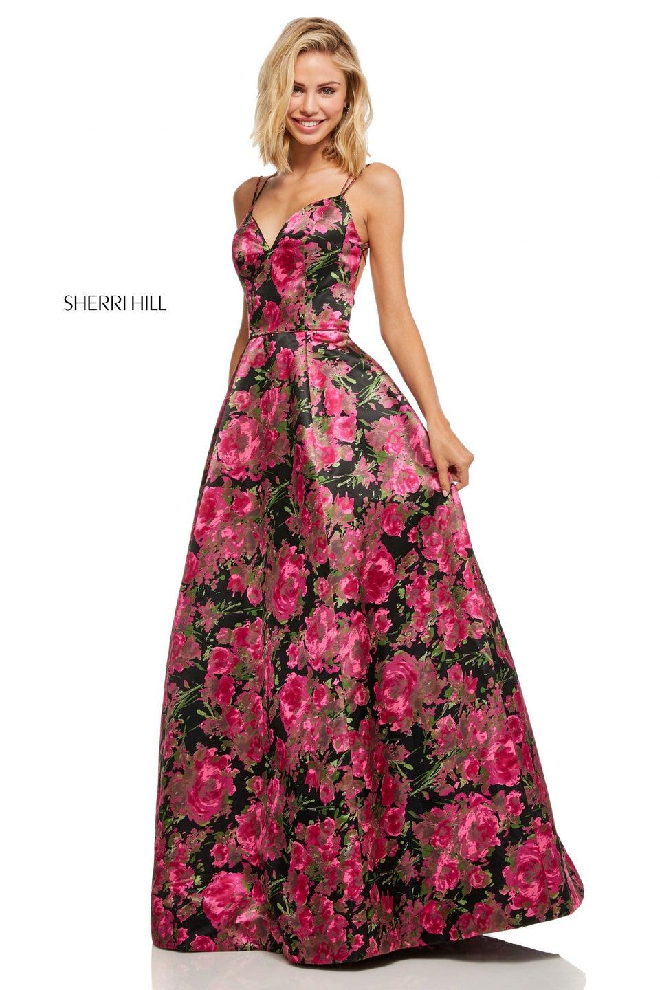 sherri hill Floral print satin A-line with sweetheart neckline and lace up back