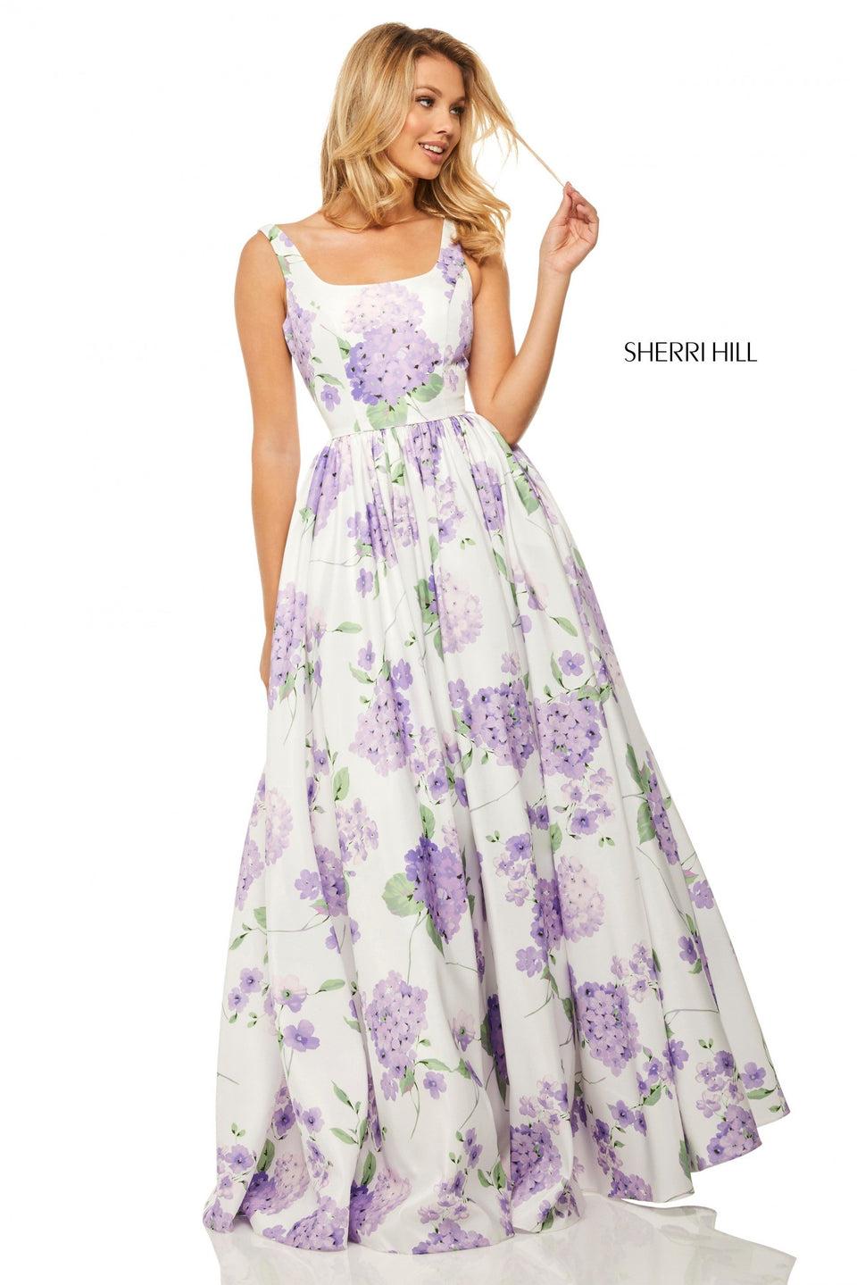 Sherri Hill Floral Print Taffeta A-line Gown With A Tank Bodice