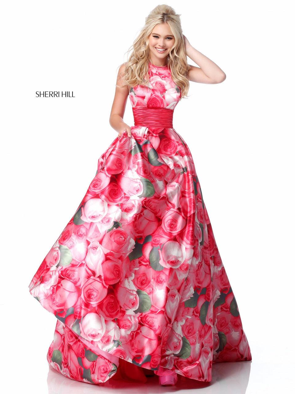 sherri hill Floral print taffeta ball gown with halter bodice and solid color waist band