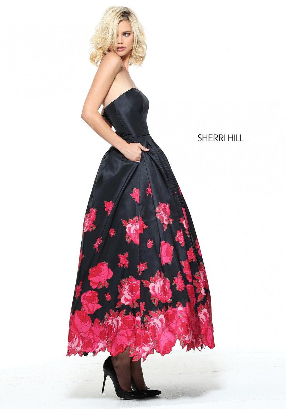 Sherri Hill Floral Print Tea Length Gown With Cut Out Edges