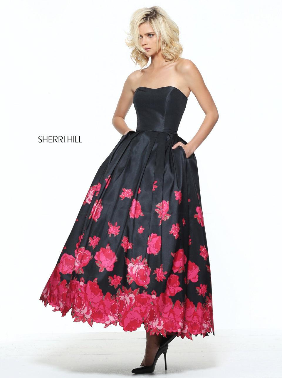 Sherri Hill Floral Print Tea Length Gown With Cut Out Edges