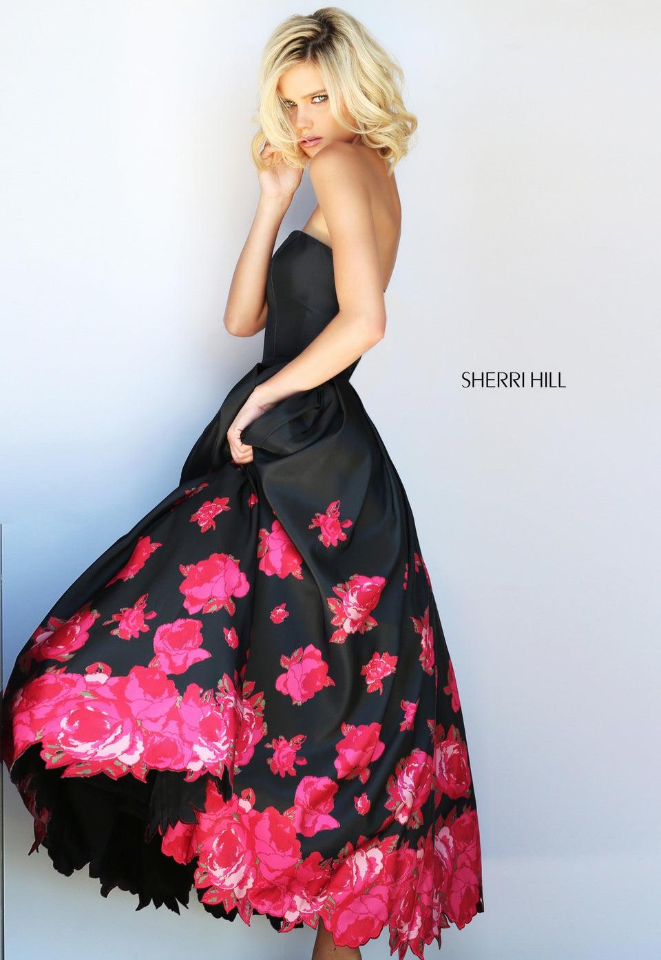 sherri hill Floral print tea length gown with cut out edges
