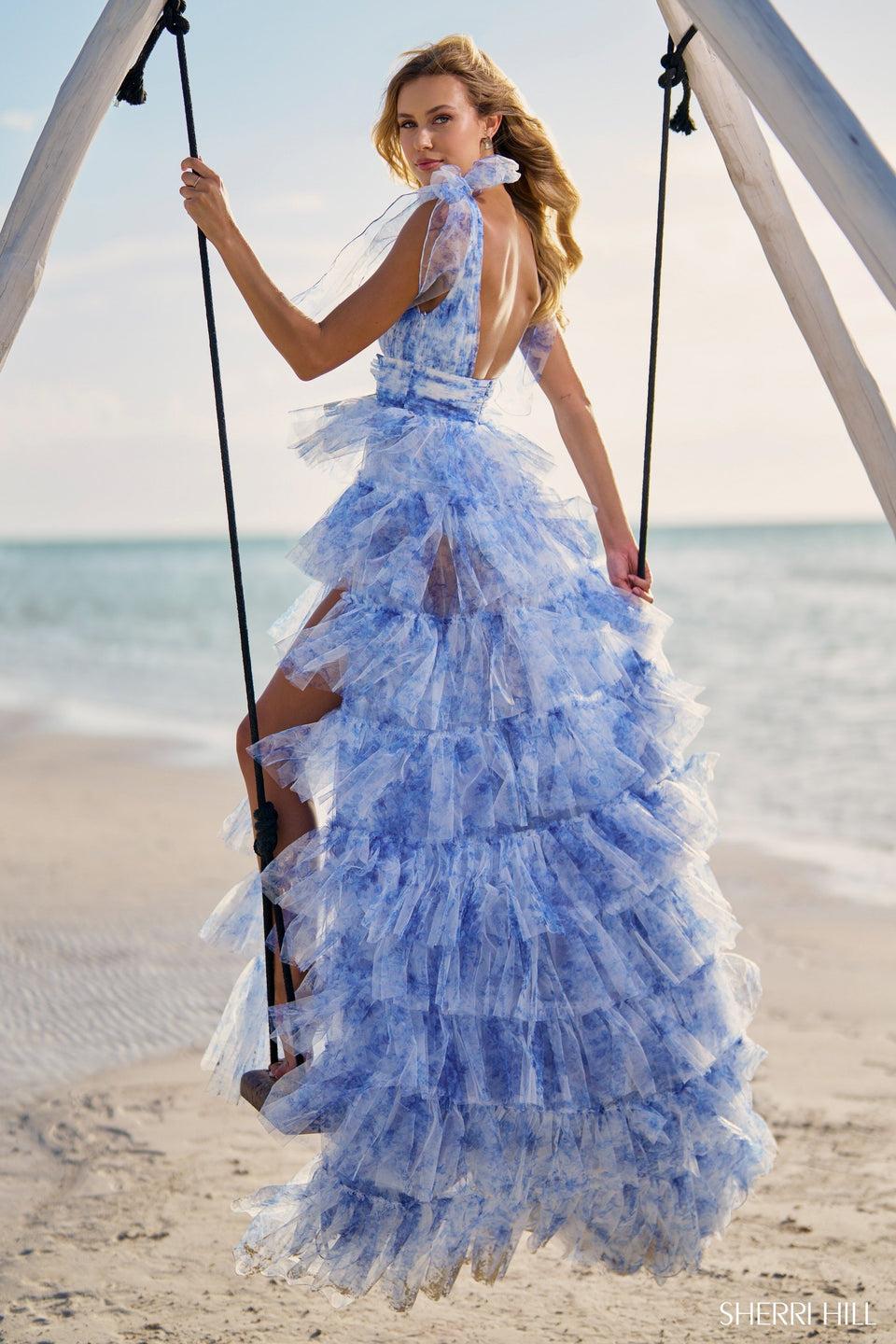 Sherri Hill Floral Print Tulle Gown With Ruffle Skirt And Slit