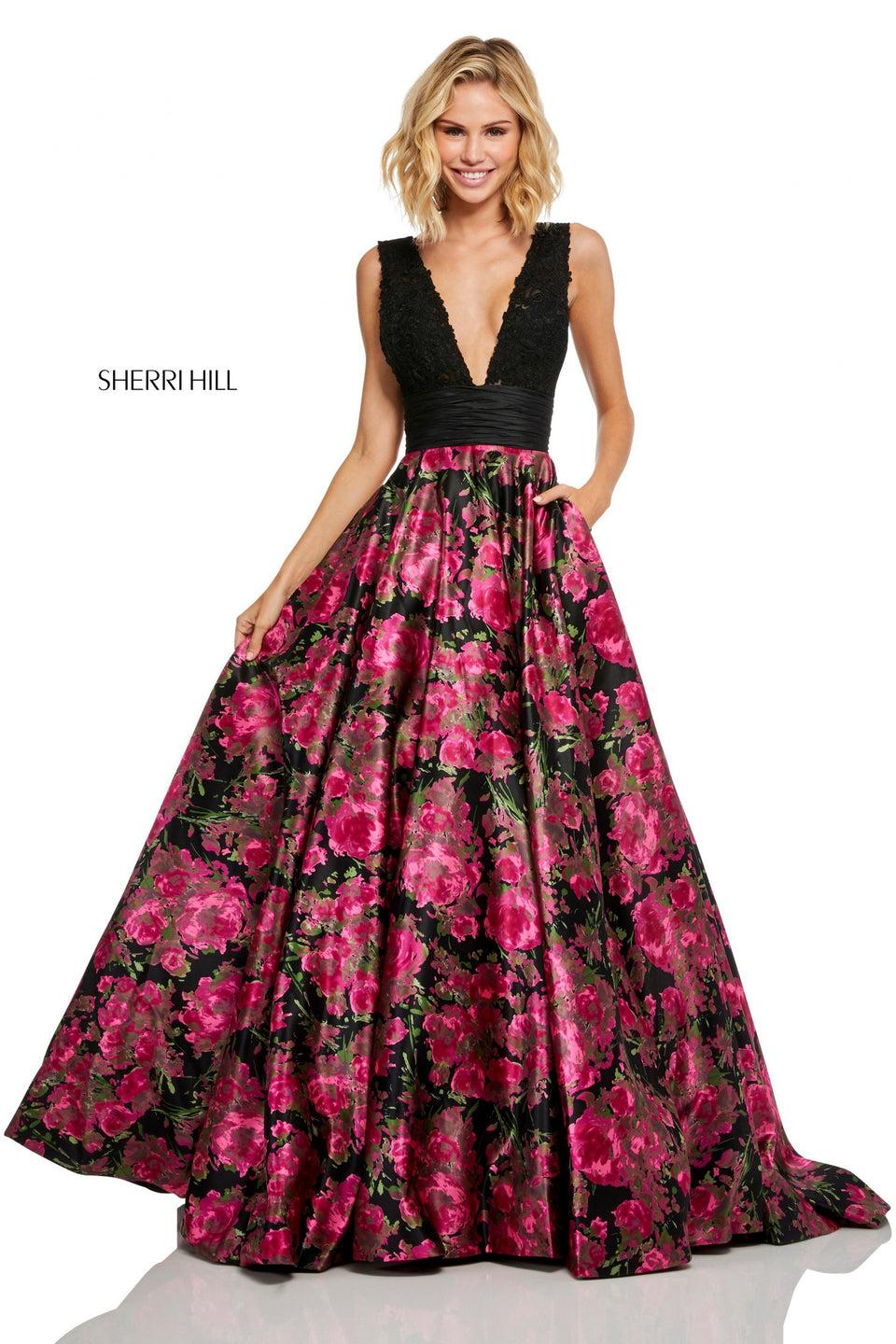Sherri Hill Floral Printed Satin Ball Gown With Ruched Waistband And A Lace V-neck Bodice