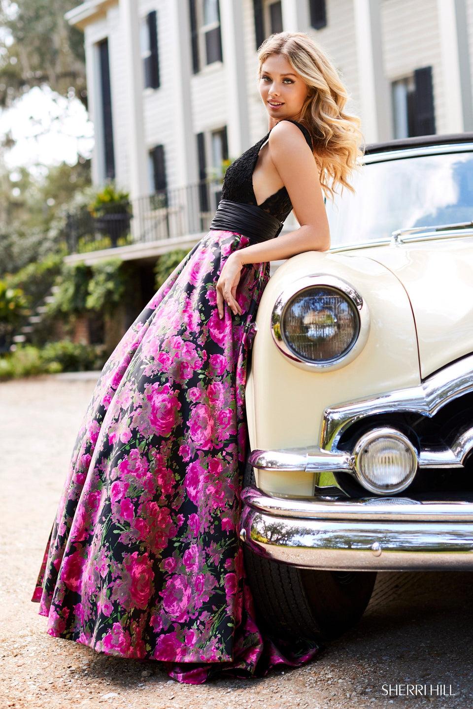 Sherri Hill Floral Printed Satin Ball Gown With Ruched Waistband And A Lace V-neck Bodice