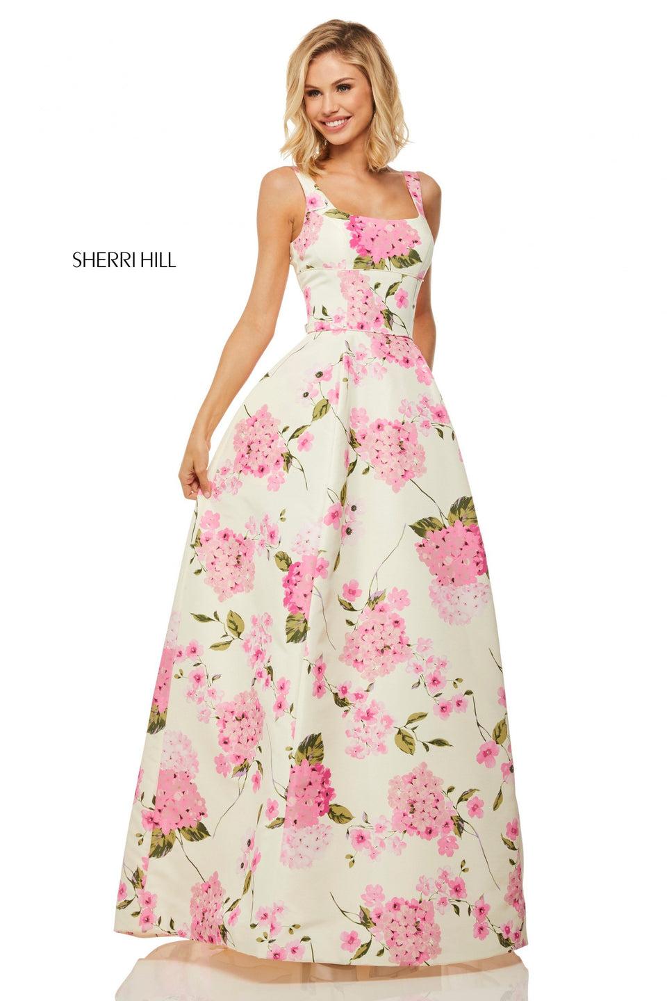 sherri hill Floral printed taffeta ball gown with a scoop neckline