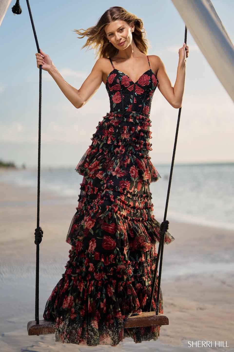 Sherri Hill Floral Ruffle Tulle Gown With Lace Up Back