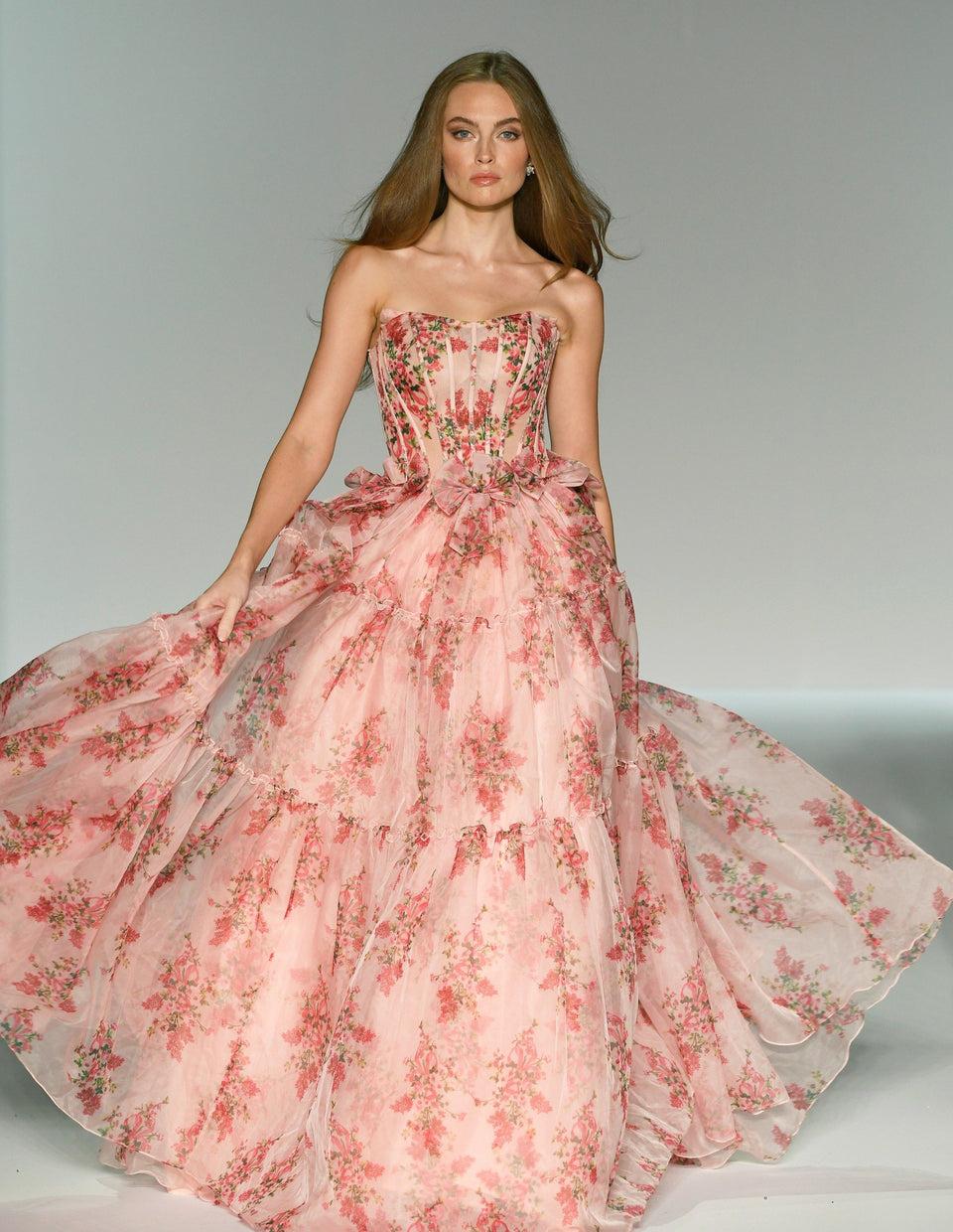 sherri hill Floral tulle ballgown with corset bodice and bow embellishments sherri hill Floral tulle ballgown with corset bodice and bow embellishments