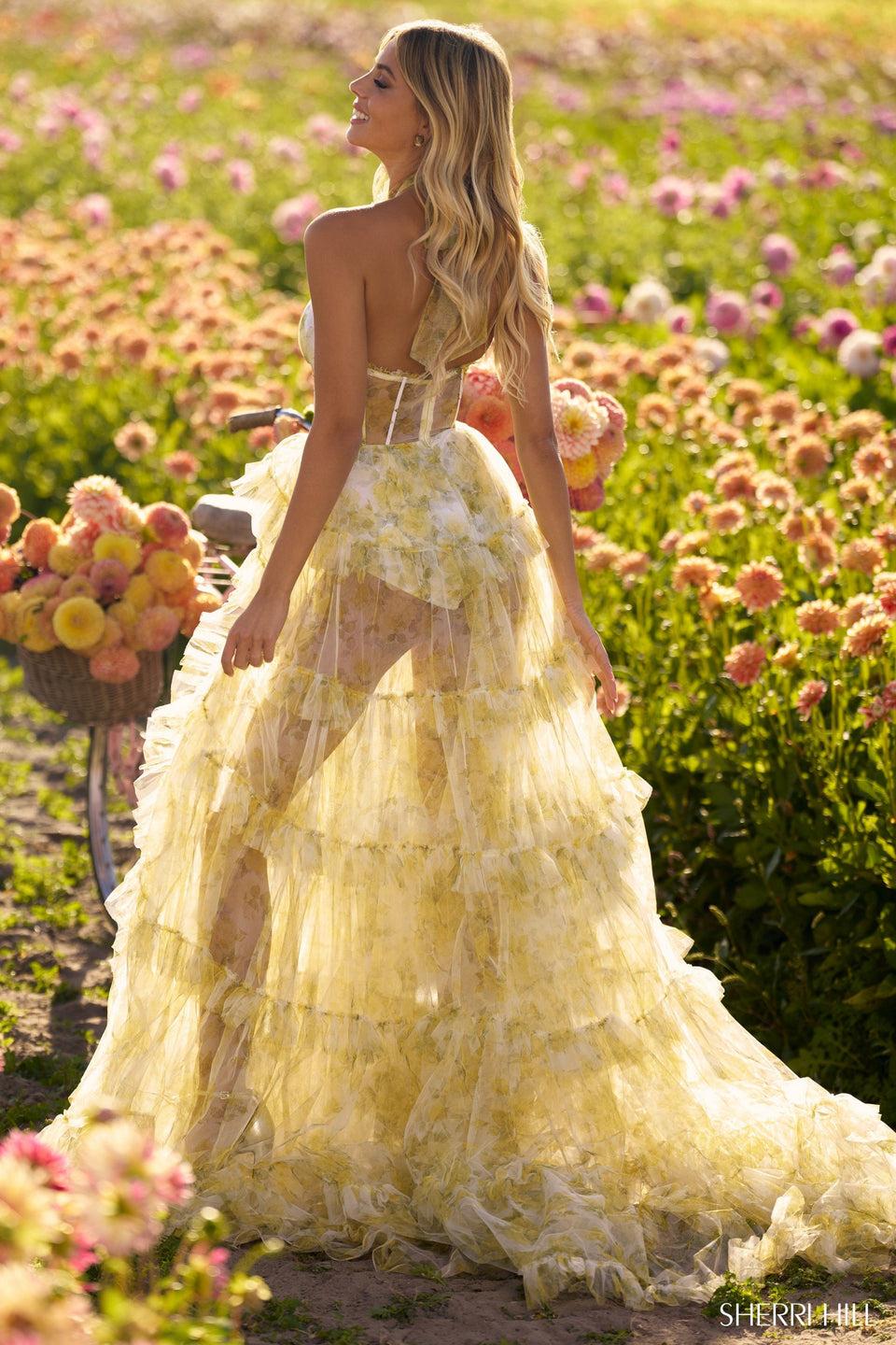 Sherri Hill Floral Tulle Print Bodysuit Gown With High Neckline Sheer Corset Bodice And Ruffle Skirt Slit