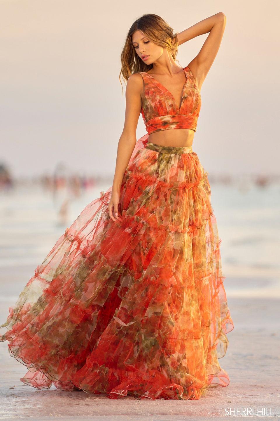 Sherri Hill Floral Two Piece Tulle Gown With Ruffle Embellished Skirt