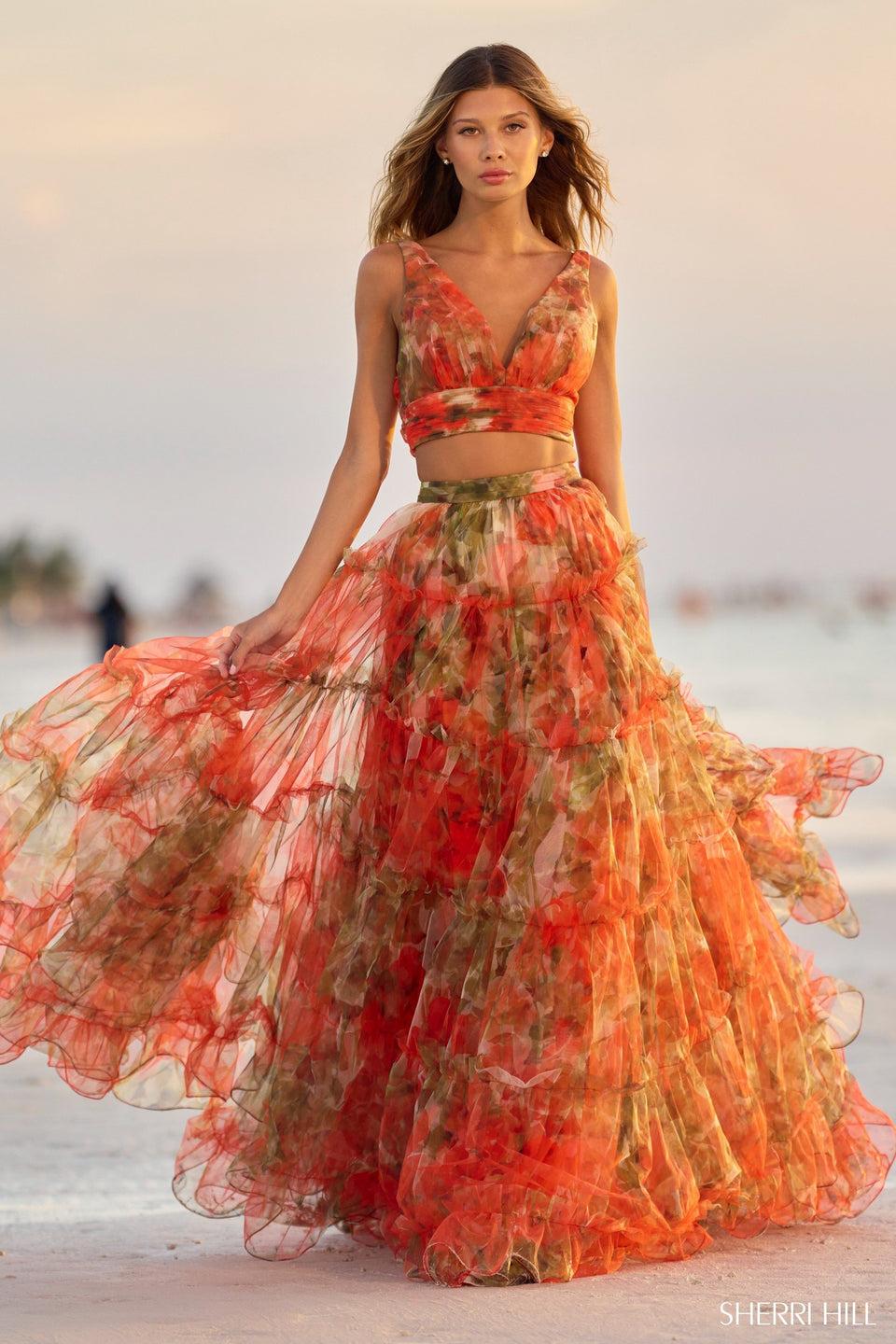 sherri hill Floral two piece tulle gown with ruffle embellished skirt